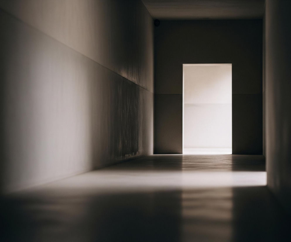 Przedstawiony jest długi, ciemny korytarz z wyraźnym przejściem do jaśniejszego pomieszczenia na końcu. Światło z tego pomieszczenia pada na podłogę korytarza, tworząc jasne pasmo odbijające się od gładkiej powierzchni. Ściany korytarza po lewej stronie mają jaśniejszy górny pas i ciemniejszy dolny, a także widoczne są na nich delikatne smugi i tekstury, podczas gdy ściana po prawej jest prawie całkowicie zacieniona.