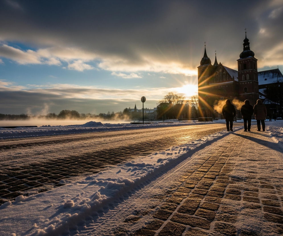 Trzy ciemne sylwetki ludzi idących w prawo, w stronę słońca, znajdują się w prawym środku obrazu, z dymem wydobywającym się z ust dwóch osób na pierwszym planie. Ulica jest wybrukowana i częściowo pokryta śniegiem, odcienie bieli i złota dominują na ziemi. Po lewej stronie widać zamarzniętą rzekę lub jezioro z unoszącą się mgłą, a w oddali zarysowane są drzewa i zabudowania.

Za ludźmi, po prawej stronie, wznosi się ciemny kościół z wysokimi wieżami i spiczastymi dachami, częściowo pokryty śniegiem. Słońce, z wyraźnymi promieniami, znajduje się za kościołem, rzucając jasne światło na scenę i tworząc długie cienie ludzi. Niebo w górnej części obrazu jest mieszanką ciemnych, szarych chmur i pasm błękitu, co nadaje zdjęciu dramatyczny kontrast.