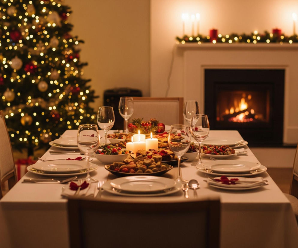 Centralnym elementem jest długi stół nakryty białym obrusem, przygotowany na posiłek. Na stole znajdują się białe talerze, szklanki i kieliszki, a także różnorodne potrawy w misach i na półmiskach, w tym sałatki z czerwonymi owocami i pieczone przekąski. Pośrodku stołu palą się trzy białe świece, dodając ciepłego blasku.

W tle po lewej stronie widać udekorowaną choinkę z licznymi złotymi lampkami i czerwonymi bombkami. Po prawej stronie widoczny jest kominek z płonącym ogniem i mantelpiece'em ozdobionym zieloną girlandą z lampkami i kilkoma świecami, w tym jedną czerwoną. Całość sceny jest oświetlona ciepłym, miękkim światłem.