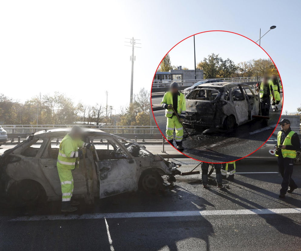 Wrak spalonego auta na Trasie Łazienkowskiej. Na miniaturze praca służb. O utrudnieniach przeczytasz na Eska Warszawa.