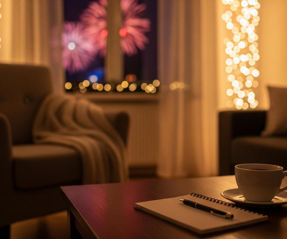 Na pierwszym planie, po prawej stronie drewnianego, ciemnobrązowego stołu, stoi biała filiżanka z uchem, wypełniona ciemnym płynem i ustawiona na spodku. Obok filiżanki leży otwarty notatnik z białą, spiralną oprawą i długopisem z metalowymi elementami spoczywającym na jego kartkach. W tle, po lewej stronie, widoczny jest beżowy fotel z narzuconym na nim jasnym, puszystym kocem, a za nim okno, przez które widać rozbłyski sztucznych ogni w kolorach różu i czerwieni na ciemnym niebie. Po obu stronach okna i wzdłuż prawej ściany, widać wiszące, rozmyte girlandy światełek, które emitują ciepłe, żółtawe światło, tworząc rozmyte kręgi. Po prawej stronie kadru, również w tle, częściowo widoczna jest ciemniejsza sofa z jasną poduszką.