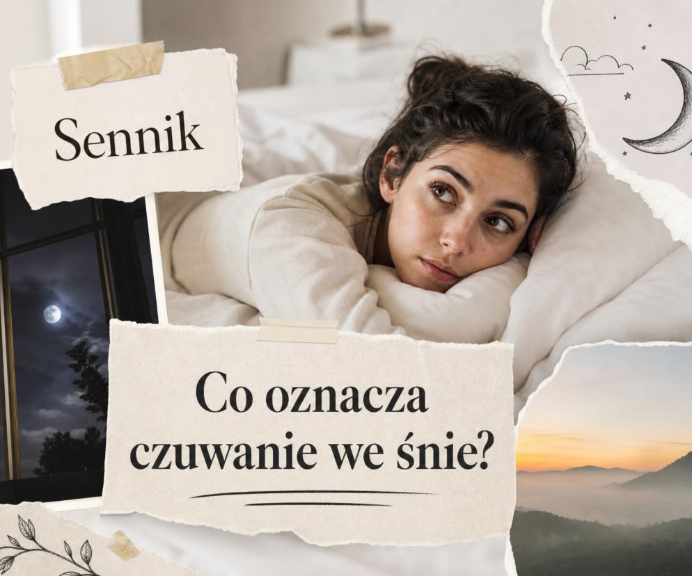 Kobieta leży w łóżku z otwartymi oczami. Obok miniatura z widokiem księżyca. O senniku i czuwaniu przeczytasz na SE.