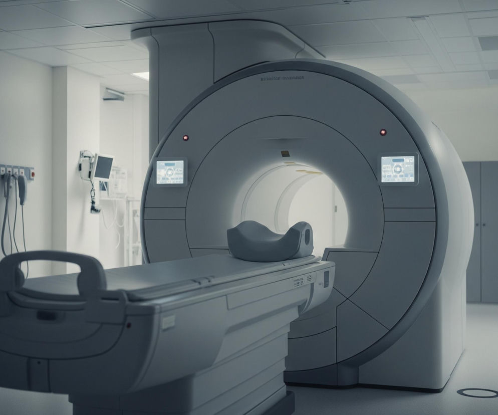 Duże, biało-szare urządzenie medyczne z okrągłym otworem zajmuje centralną część pomieszczenia, obok niego znajduje się ruchomy stół z zagłówkiem. Na ścianie po lewej stronie wiszą różne kable i panele sterujące, a na przeciwległej, prawej ścianie widać szarą szafkę. Całe pomieszczenie utrzymane jest w jasnych, monochromatycznych barwach, z białymi ścianami i sufitem, na którym widoczne są kratownice i prostokątne świetlówki. Scena jest dobrze oświetlona, co podkreśla sterylny charakter wnętrza.