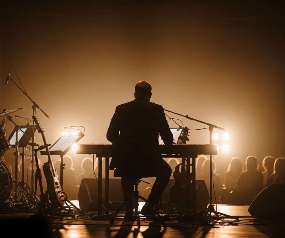 Na ciemnej scenie, oświetlonej ciepłym, żółto-pomarańczowym światłem z tyłu, siedzi mężczyzna w ciemnym ubraniu, grający na keyboardzie, jego sylwetka jest wyraźnie zarysowana. Po jego lewej stronie, w tle, widoczny jest inny muzyk grający na perkusji, również w ciemnym ubraniu, oraz zestaw bębnów i talerzy. Na pierwszym planie, pomiędzy muzykami, stoją statywy z mikrofonami i pulpitami z nutami lub tabletami, a także oparta o statyw gitara. W głębi obrazu, za muzykami, widać rzędy publiczności, której sylwetki są rozmyte i słabo widoczne z powodu silnego światła padającego od tyłu.