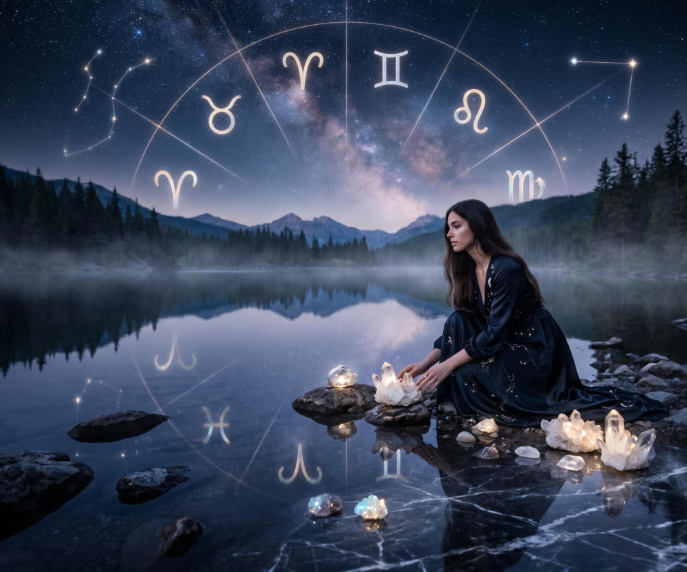 Kobieta w ciemnej sukni kuca nad brzegiem jeziora, dotykając świecących kryształów. Nad nią rozgwieżdżone niebo z gwiazdozbiorami i symbolami zodiaku, odbijające się w spokojnej wodzie. Zgłębisz tajemnice horoskopu dziennego na naszym portalu.
