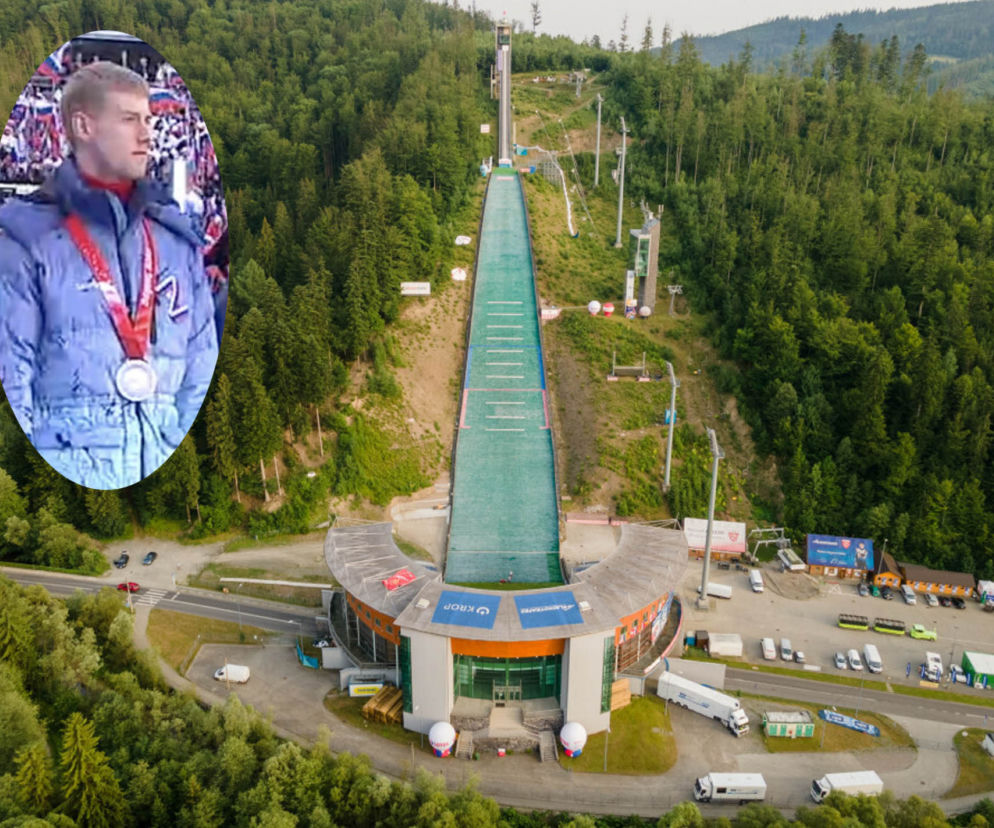 Skocznia Malinka w Wiśle. Na miniaturowej wstawce skoczek Jewgienij Klimow z medalem. O sportowcu przeczytasz na Eska.