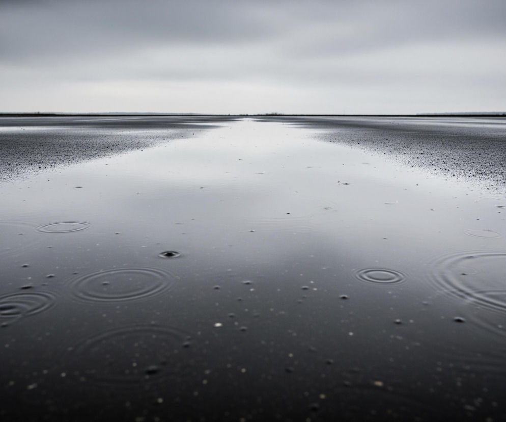 Szeroka, horyzontalna kałuża wypełnia centrum kadru, odbijając ponure, zachmurzone niebo. Na ciemnej powierzchni wody widoczne są liczne koncentryczne kręgi, rozchodzące się od miejsc, gdzie spadły krople deszczu. Po bokach kałuży i dalej w tle rozciąga się płaski, ciemny teren o ziarnistej fakturze, prawdopodobnie mokry piasek lub drobny żwir. Horyzont jest niski i prosty, a nad nim rozpościera się jednolite, szare niebo, co nadaje scenie melancholijny, minimalistyczny nastrój.
