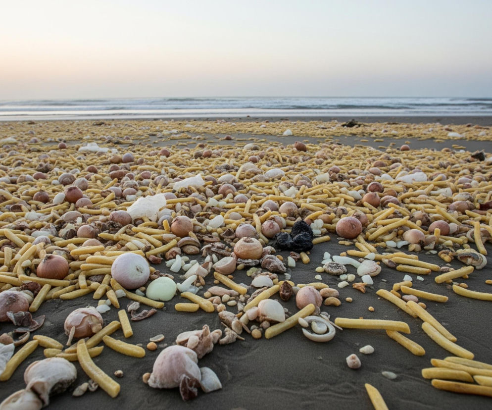 Piaszczysta plaża rozciąga się w kierunku oceanu, z niebem rozjaśnionym zachodzącym słońcem w oddali. Piasek jest gęsto pokryty żółtymi, podłużnymi obiektami przypominającymi frytki, wymieszanymi z licznymi muszlami o różnych kształtach i rozmiarach, głównie w odcieniach brązu, bieli i różu. Wśród tych elementów widoczne są także drobne kawałki plastiku, takie jak biała folia i ciemne, nieregularne bryły.