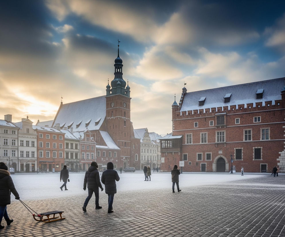 Zasypany śniegiem plac miejski jest centralnym punktem obrazu, pokryty częściowo białym puchem, a częściowo widoczną kostką brukową. Na placu, od lewej strony, idzie postać w ciemnej kurtce z futrzanym kapturem, ciągnąca za sobą drewniane sanki, oraz kilka innych postaci idących w różnych kierunkach, również ubranych w zimowe kurtki. W tle dominują dwa duże, zabytkowe budynki: po lewej ceglany, o wysokim dachu i strzelistej wieży z iglicą, a po prawej, również ceglany, z bogato zdobioną fasadą, oknami i wykuszem. Dachy wszystkich budynków są pokryte śniegiem, a nad nimi rozpościera się niebo z dynamicznymi chmurami, częściowo rozjaśnionymi ciepłym, złotym światłem zachodzącego słońca, przechodzącym w ciemniejszy błękit w górnej części.