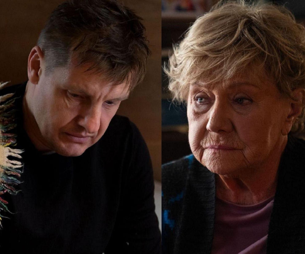 Rafał Mroczek jako Paweł Zduński ze spuszczoną głową i Teresa Lipowska jako Barbara Mostowiak patrząca w dal. Scena z M jak miłość, gdzie babcia Barbara namawia wnuka Pawła, by zgodził się na terapię. Więcej o tym na Super Seriale.