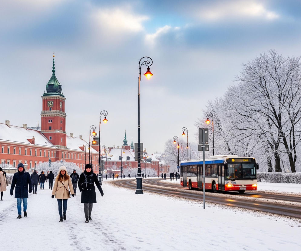 Przedstawiona scena ukazuje zimowy dzień w mieście, z dominującą bielą śniegu pokrywającego ulicę, chodniki i drzewa. Na pierwszym planie, po lewej stronie, grupa osób idzie po zaśnieżonym chodniku w kierunku widza, w tle widać duży, ceglany budynek z zielonym dachem i zegarową wieżą, również pokryty śniegiem. Po prawej stronie, na ulicy, jedzie czerwono-biało-niebieski autobus, a obok ulicy widoczne są latarnie uliczne z ciepłym, żółtym światłem. Niebo jest pochmurne, z odcieniami błękitu i szarości, gdzieniegdzie prześwieca jaśniejsze światło.
