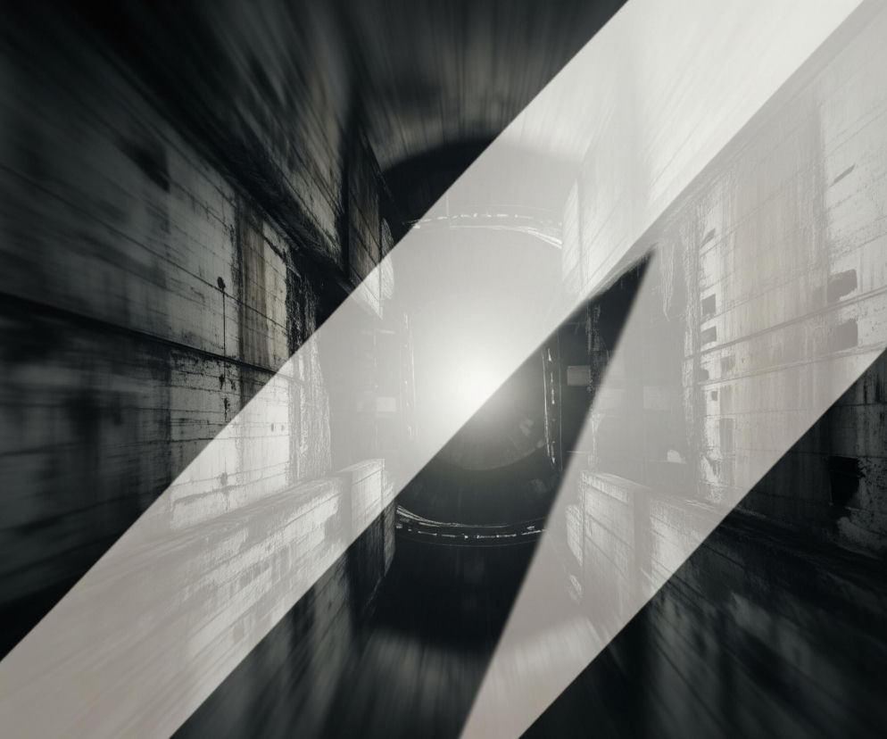 Ciemne, rozmazane tło w odcieniach czerni i szarości, sugerujące tunel lub szyb, z efektem ruchu. Przez środek przechodzą trzy białe, skośne pasy, dwa szersze po bokach i jeden węższy centralnie, tworząc rozjaśniony obszar. W centrum tego rozjaśnienia znajduje się okrągłe, jasne światło, od którego rozchodzą się promienie, oświetlając fragmenty szarej, prostokątnej konstrukcji po prawej stronie oraz okrągłe obiekty w dali.
