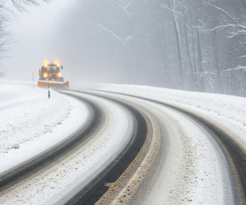 Droga pokryta śniegiem, z wyraźnymi śladami od opon na jezdni, zakręca w prawo, znikając w tle. Z prawej strony drogi, na poboczu, leży gruba warstwa białego śniegu, a z lewej strony, bliżej środka obrazu, widać słupki drogowe. W oddali, w centrum obrazu, pojazd do odśnieżania, z jasno świecącymi żółtymi światłami ostrzegawczymi, przesuwa śnieg. Cała scena jest zamglona przez intensywnie padający śnieg, który zasłania zarówno gęste, ciemne lasy po obu stronach drogi, jak i szare niebo.