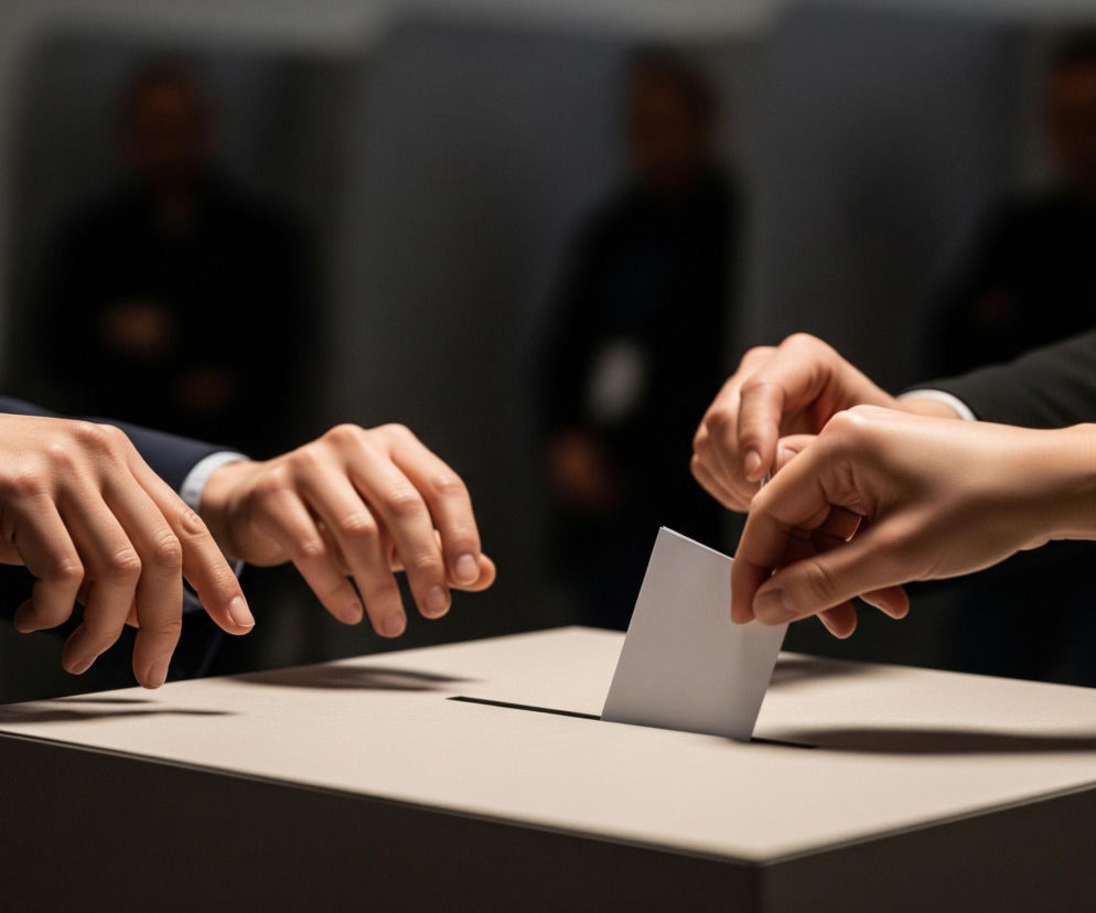 Centralny element kadru to urna wyborcza w kolorze beżowo-szarym, z widoczną poziomo szczeliną na górze. Po prawej stronie, ręka ubrana w białą koszulę i czarny rękaw marynarki, wkłada białą kartkę do szczeliny urny. Po lewej, inna ręka w ciemnoniebieskim rękawie marynarki i białą koszulą, unosi się tuż nad urną, wskazując palcami w dół. W tle, cztery niewyraźne, zamazane postacie w ciemnych ubraniach stoją w pozycji pionowej, tworząc rozmyte cienie na szarym tle.