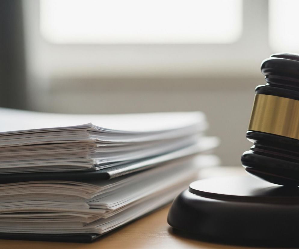 Ciemnobrązowy młotek sędziowski z błyszczącym, złotym pasem na głowicy stoi pionowo na okrągłej, również ciemnobrązowej podstawie, skierowany w prawą stronę obrazu. Po lewej stronie młotka ułożone są w stosy białe dokumenty w trzech czarnych segregatorach, z których górny i dolny są grubsze od środkowego. Tło stanowi rozmyte, jasne okno, rzucające naturalne światło na brązowe, drewniane biurko, na którym spoczywają przedmioty.