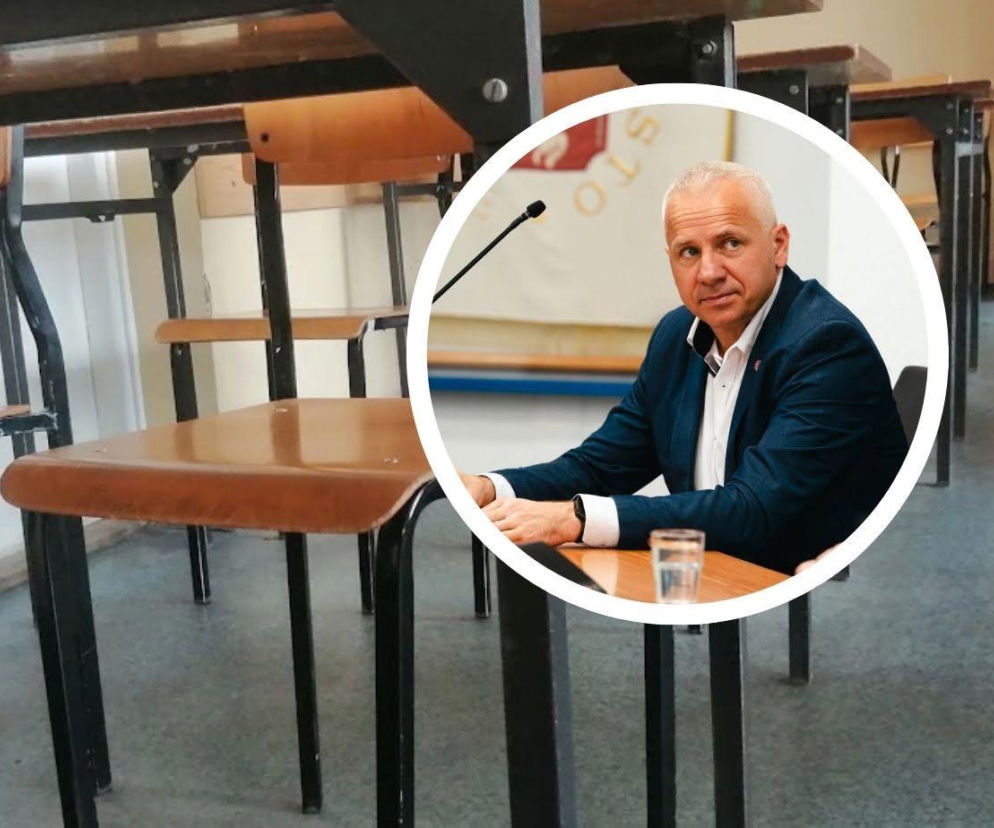 Pusta klasa szkolna. Na miniaturze prezydent Siedlec Tomasz Hapunowicz. O bezpieczeństwie w szkołach czytaj w Eska Siedlce.