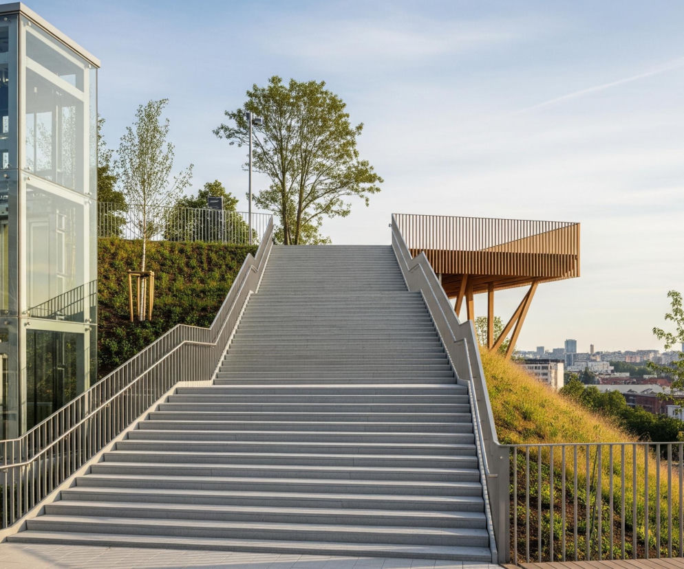 Centralnym elementem obrazu są szerokie, szare schody prowadzące w górę, zabezpieczone metalowymi balustradami po obu stronach. Po lewej stronie schodów stoi przeszklona wieża windy z metalowymi drzwiami, natomiast po prawej, na szczycie nasypu, znajduje się taras widokowy z drewnianą balustradą. Obszar wokół schodów i windy pokrywa zielony, częściowo wyschnięty nasyp, porośnięty trawami i młodymi drzewami, a w tle rozciąga się miejski krajobraz z licznymi budynkami pod jasnym, częściowo zachmurzonym niebem.