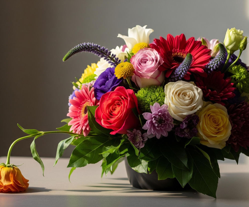 Centralnie umieszczona kompozycja kwiatowa w czarnym, niskim wazonie wypełnia prawą część kadru, prezentując różnorodność kolorowych kwiatów i zielonych liści. Bukiet zawiera czerwone, różowe, żółte, białe, fioletowe i zielone kwiaty, w tym róże, gerbery i chryzantemy, tworząc gęstą i bogatą teksturę. Po lewej stronie kompozycji, poza głównym bukietem, leży pojedynczy, pomarańczowy kwiat o opadających płatkach i długiej zielonej łodydze, widoczny w intensywnym świetle. Tło po lewej stronie jest ciemnoszare, stopniowo jaśniejące w kierunku prawej strony, gdzie ściana jest jasnobeżowa, z widocznymi promieniami światła, rzucającymi równoległe cienie.