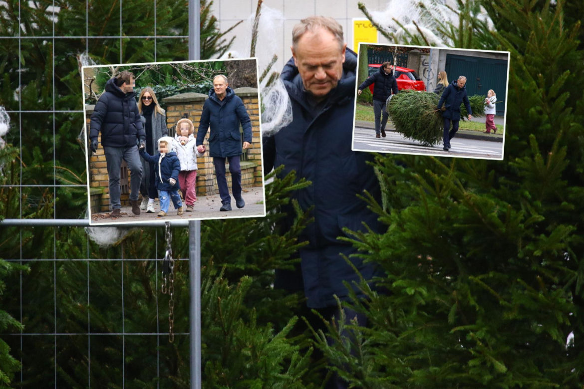 Donald Tusk z zięciem dźwigają gigantyczną choinkę. A za nimi drepcze Kasia z drugą. Wnusie premiera jak księżniczki