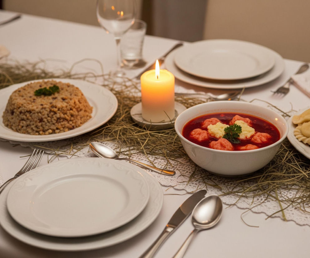 Na białym obrusie rozłożono podłużny pas suszonej słomy, tworząc naturalną dekorację stołu. Centralnie płonie żółta świeca na małej podstawce, otoczona kilkoma nakryciami i potrawami. Po lewej stronie stołu stoi małe, zielone drzewko świąteczne w doniczce, ozdobione beżową kokardką.

W górnej lewej części zdjęcia widoczny jest talerz z okrągłą porcją kaszy, udekorowaną zieloną natką pietruszki. Na prawo od świecy znajduje się biała miska z czerwonym barszczem, w którym pływają pomarańczowe i jasne kluski, również z natką pietruszki. Obok barszczu, na dużej białej tacy, leży stos pierogów z falistym brzegiem.

Nakrycia składają się z białych talerzy, sztućców (widoczne widelce, łyżki, noże) oraz szklanek i kieliszków. Przy jednym z nakryć leży złożona, biała serwetka z koronkowym wzorem.