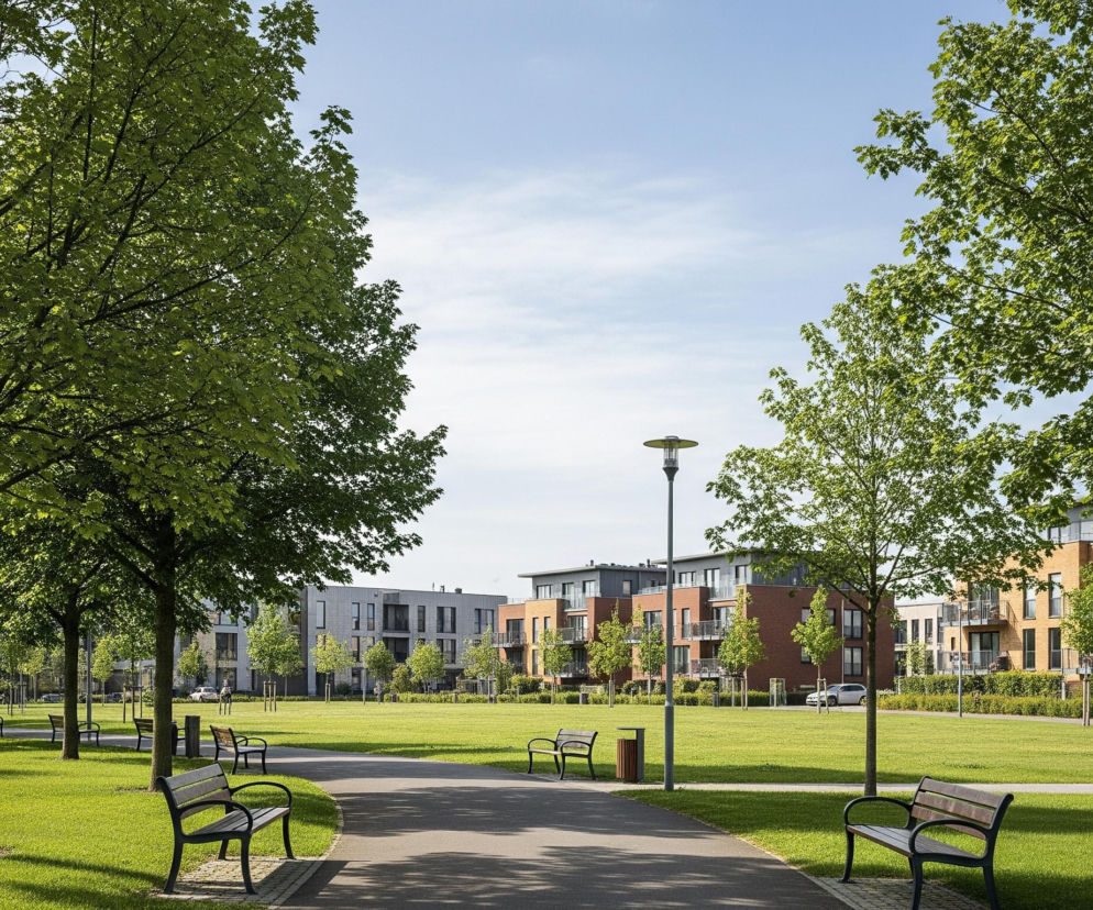 W centrum zdjęcia znajduje się rozległy trawnik z rzędem drzew po lewej stronie i nowymi budynkami mieszkalnymi w tle. Kręta ścieżka dla pieszych z ławkami po obu stronach przecina dolną część trawnika. Niebo jest błękitne z delikatnymi białymi chmurami, a drzewa mają świeże, jasnozielone liście.