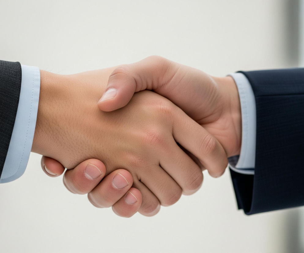 Dwie dłonie, ułożone poziomo, ściskają się nawzajem na tle jasnego, rozmytego tła. Lewa dłoń należy do osoby ubranej w ciemnoszarą marynarkę z wystającym mankietem jasnoniebieskiej koszuli i dwoma czarnymi guzikami na rękawie. Prawa dłoń należy do osoby ubranej w ciemnogranatową marynarkę z wystającym mankietem jasnoniebieskiej koszuli. Obie dłonie mają naturalny kolor skóry z widocznymi paznokciami, a na skórze lewej dłoni widoczne są delikatne włoski.