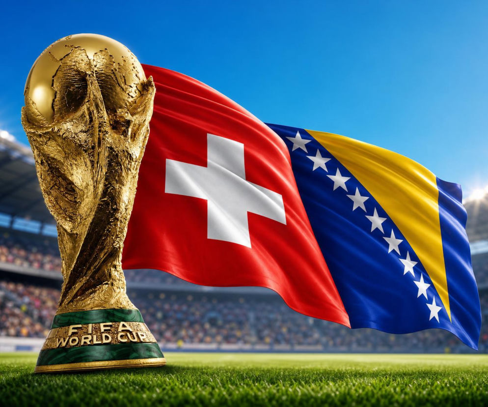 Złoty Puchar Świata FIFA na tle powiewających flag Szwajcarii i Bośni i Hercegowiny na stadionie piłkarskim, symbolizujący mecz na Mundialu 2026. Szczegółowe statystyki z tego spotkania znajdziesz na naszym portalu.