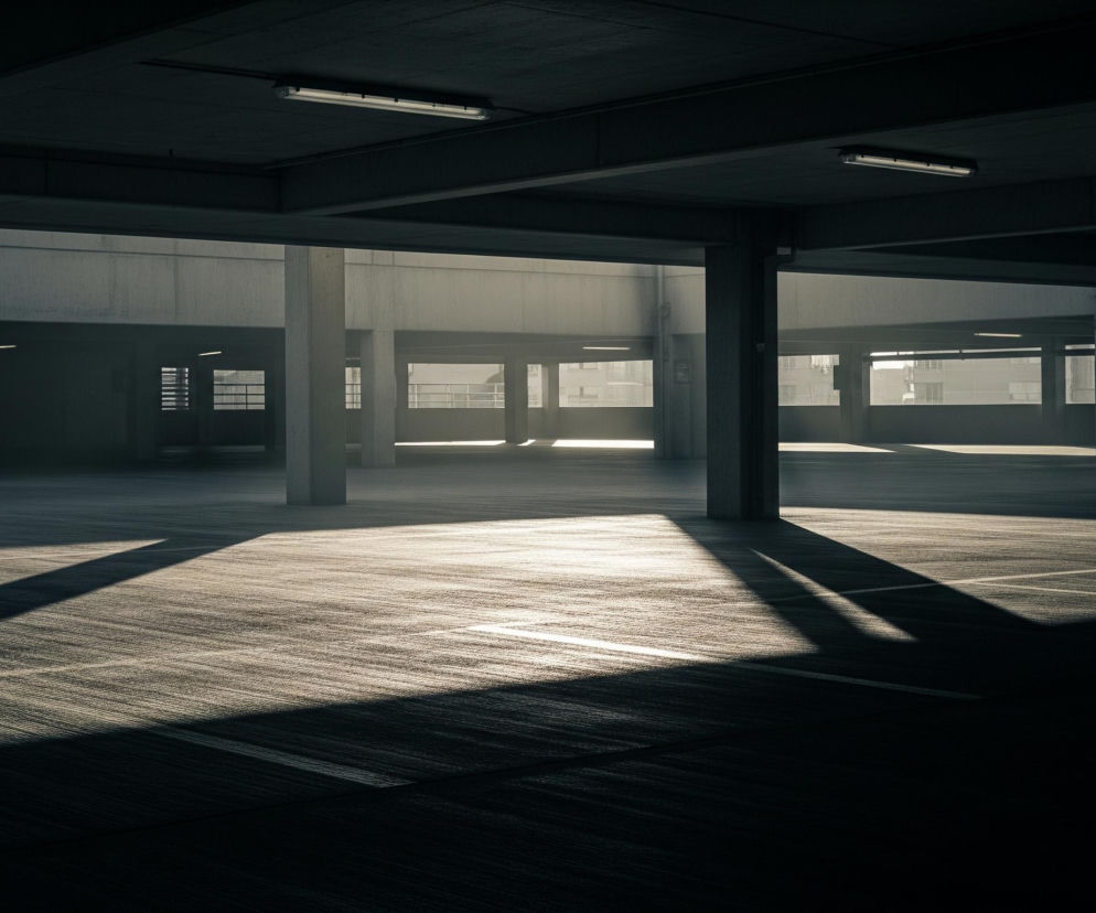 Wnętrze pustego, wielopoziomowego parkingu wykonanego z betonu, z silnymi kontrastami światła i cienia. Promienie słońca wpadają z lewej strony, tworząc długie, ukośne cienie na teksturowanej powierzchni podłogi, uwydatniając jej drobne, równoległe rowki. Na pierwszym planie i po prawej stronie dominuje ciemny cień, natomiast środkową część podłogi oświetla jasne światło, ukazując pojedyncze białe linie parkingowe. Konstrukcja parkingu składa się z masywnych, prostokątnych słupów i belek stropowych. W tle widoczne są otwarte przestrzenie z balustradami, przez które przenika światło, częściowo odsłaniając zarysy odległych budynków. Na suficie podwieszone są podłużne, świetlówkowe lampy.