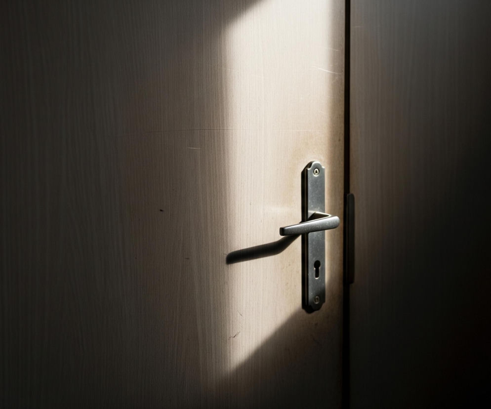 Drzwi, z metalową klamką i zamkiem, są częściowo oświetlone ukośnym pasmem jasnego światła słonecznego, tworzącym wyraźny kontrast między jasnymi i ciemnymi obszarami. Lewa część drzwi oraz dolny prawy róg toną w głębokim cieniu, podczas gdy pionowy pas światła podkreśla fakturę drewna, ukazując delikatne rysy i zanieczyszczenia na jego powierzchni. Metalowa klamka jest szara, a jej kształt i cień rzucany na drzwi są wyraźnie widoczne w miejscu, gdzie przecina się ze światłem.