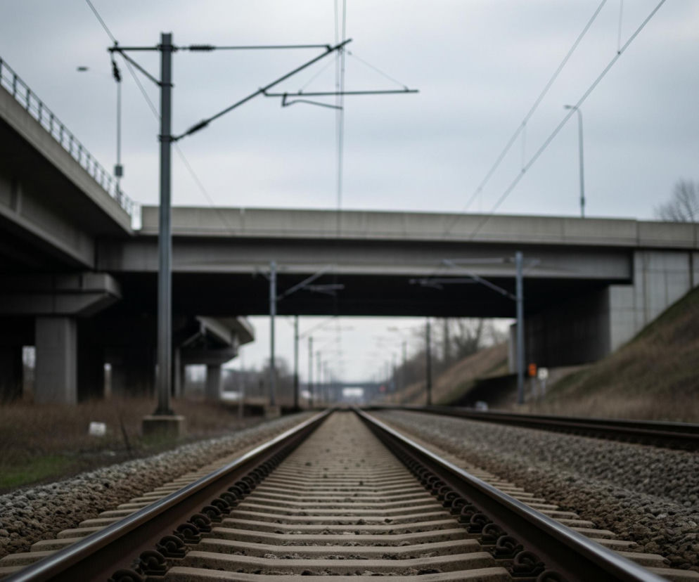 Centralną część obrazu zajmują dwa równoległe tory kolejowe, ciągnące się w głąb perspektywy i zanikające w oddali. Tory ułożone są na szarym tłuczniu, a ich betonowe podkłady są wyraźnie widoczne na pierwszym planie. Nad torami rozciąga się sieć trakcyjna, podtrzymywana przez słupy, z których jeden znajduje się na środkowym planie po lewej stronie.

Ponad torami przechodzą dwa betonowe wiadukty drogowe; jeden szeroki wiadukt rozciąga się w górnej części obrazu po lewej stronie, a drugi mniejszy wiadukt, z łukowym sklepieniem, jest widoczny w oddali. Po prawej stronie widać nasyp ziemny porośnięty suchą trawą, a w tle majaczą bezlistne drzewa pod szarym, zachmurzonym niebem.