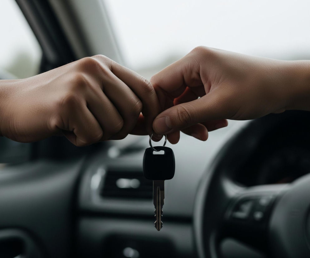 Dwie dłonie o jasnym odcieniu skóry spotykają się w centrum kadru, przekazując sobie kluczyk samochodowy. Lewa dłoń, częściowo zasłonięta, podaje czarny kluczyk z metalowym grotem i srebrnym kółkiem, natomiast prawa dłoń, wyraźniej widoczna z boku, przyjmuje go, trzymając za obudowę. Tło po lewej stronie jest jasne i rozmyte, sugerując otwartą przestrzeń, natomiast po prawej stronie widać rozmyte elementy wnętrza samochodu, w tym ciemną kierownicę.