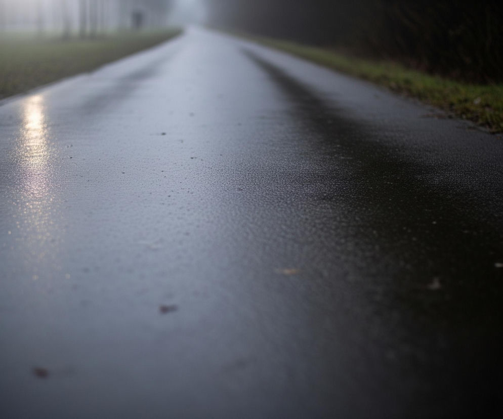 Asfaltowa droga, mokra od deszczu, rozciąga się w głąb obrazu, stopniowo zanikając w gęstej mgle. Powierzchnia drogi jest błyszcząca i pokryta drobnymi kropelkami wody, co tworzy liczne refleksy światła, szczególnie intensywne po lewej stronie kadru, gdzie widoczna jest jasna, rozmyta plama świetlna. Po obu stronach drogi rozciągają się pasy trawy, bardziej zielone i wyraźne w lewym dolnym rogu, natomiast po prawej stronie trawa jest ciemniejsza i mniej widoczna, wtapiając się w ciemny, niewyraźny kontur drzew lub krzewów. Horyzont jest zupełnie niewidoczny, zastąpiony jednolitym, jasnoszarym odcieniem mgły.