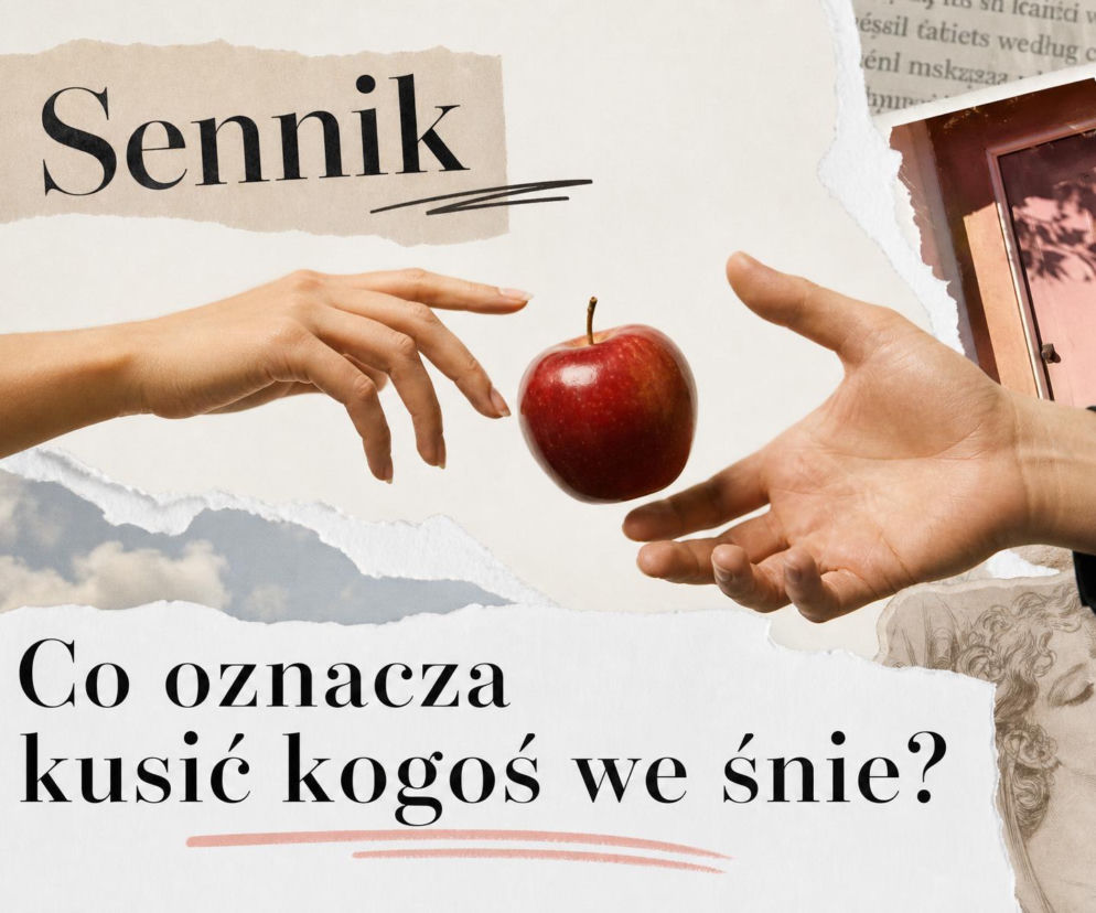 Dłonie sięgające po czerwone jabłko na tle napisu o senniku. O znaczeniu snu o kuszeniu przeczytasz na SE.