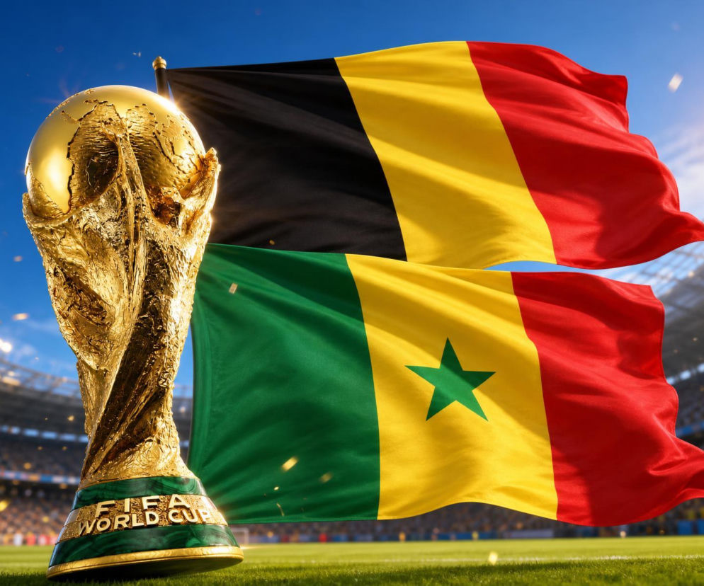 Złoty Puchar Świata obok flag Belgii i Senegalu na stadionie. O meczu 1/16 finału przeczytasz na SE Supersport.