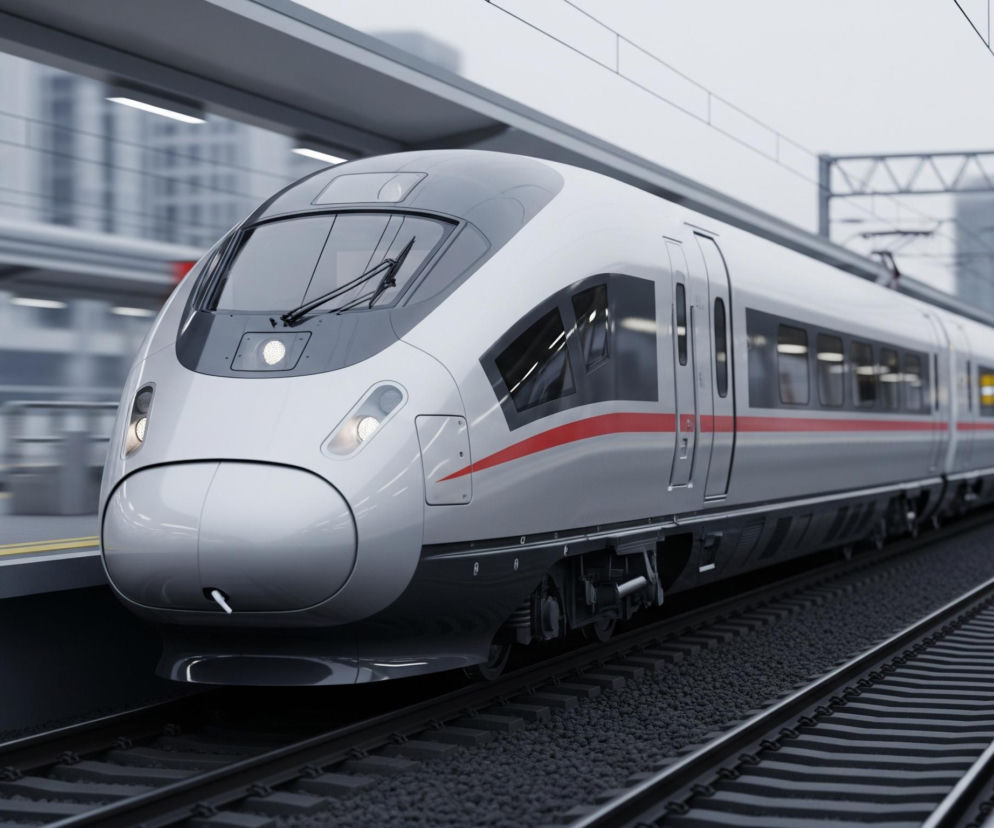 Srebrno-szary, opływowy pociąg dużych prędkości wjeżdża na stację, zajmując środek kadru i rozciągając się w głąb po prawej stronie. Na jego dziobie widoczne są dwa reflektory z białym światłem oraz duża, ciemna przednia szyba z wycieraczkami. Wzdłuż boku pociągu biegnie czerwony pas, a pod nim ciemnoszary panel z oknami. Pociąg porusza się po ciemnych torach z szarym żwirem, obok betonowego peronu z żółtymi pasami ostrzegawczymi, widocznego po lewej stronie kadru. W tle widać niewyraźne, szare budynki i konstrukcje nad torami.