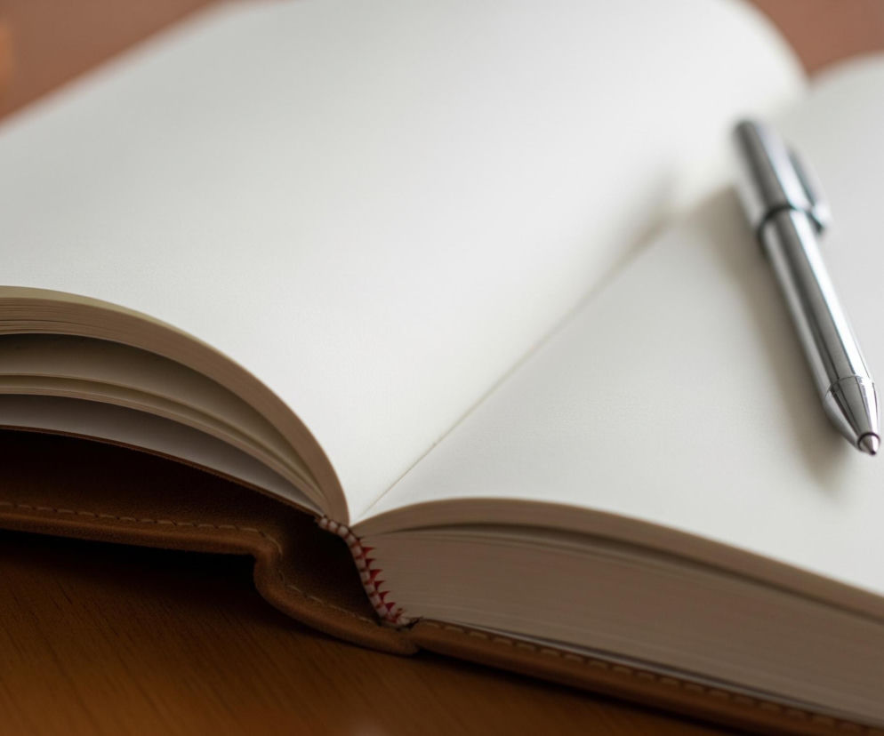 Rozłożony notatnik z pustymi, kremowymi stronami leży na brązowej, drewnianej powierzchni. Na prawej stronie notatnika spoczywa metalowy długopis w kolorze srebrnym, skierowany w dół i lekko w prawo. Widoczna jest okładka notatnika wykonana z brązowej skóry lub materiału imitującego skórę, ze szwem biegnącym wzdłuż krawędzi. Głębokość ostrości sprawia, że bliższe i dalsze elementy tła są rozmyte, a ostrość skupiona jest na środku notatnika i długopisie.