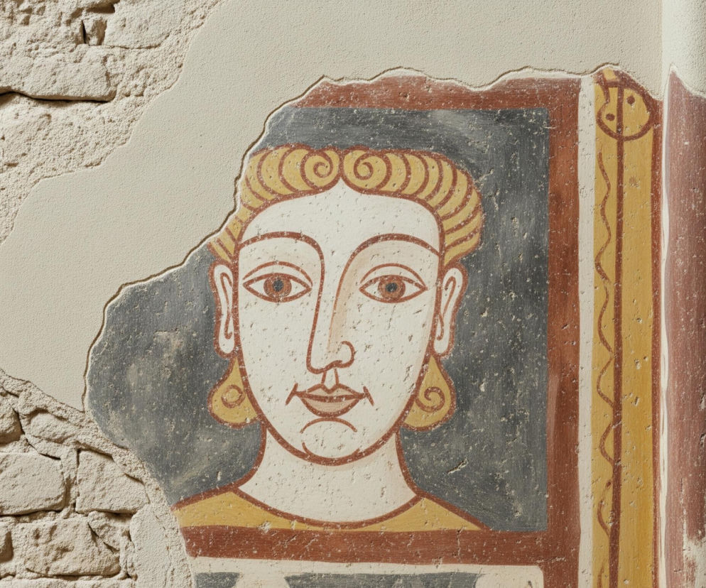 Głównym elementem jest antyczny fresk przedstawiający stylizowaną twarz osoby o jasnej karnacji, na ciemnoszarym tle. Włosy są złotożółte, pofalowane i zakręcone w loki wokół czoła i uszu, z ciemniejszymi obrysami. Oczy są duże, migdałowate, z ciemnymi tęczówkami i źrenicami, obrysowane ciemnobrązową linią. Nos jest długi i wąski, a usta małe, lekko uśmiechnięte, z widoczną linią zębów. Fresk jest wkomponowany w jasną, strukturalną ścianę, z której częściowo odpadł tynk, odsłaniając jasnobeżowe kamienne bloki po lewej stronie. Po prawej stronie fresku widoczne są dekoracyjne, pionowe pasy w odcieniach brązu, żółci i bieli, z falistymi wzorami i owalnymi kształtami.