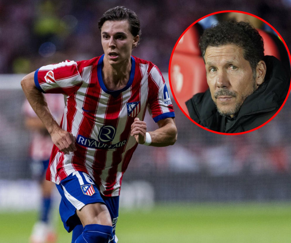 Arnau Ortiz w barwach Atletico Madryt. Na miniaturze obok Diego Simeone. O zyskach Śląska Wrocław przeczytasz na SE Supersport.