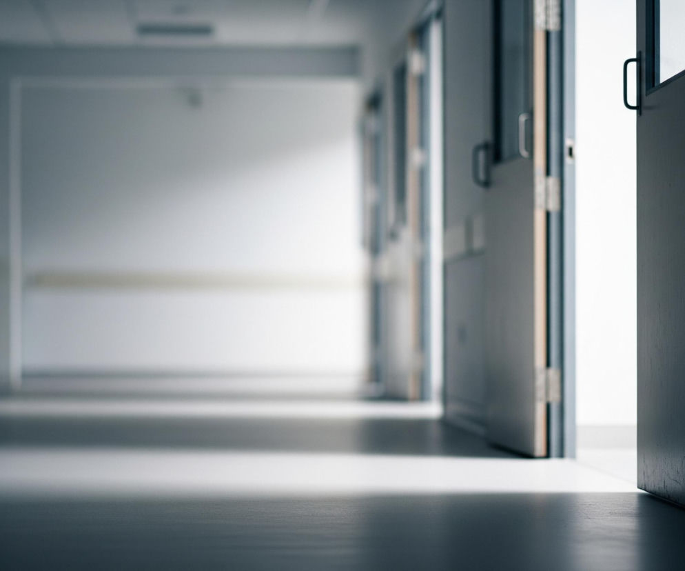 Długi korytarz z wieloma drzwiami po obu stronach rozciąga się w głąb obrazu, gdzie jego koniec jest zamazany, ale jasno oświetlony. Drzwi najbliżej widza po prawej stronie są uchylone, ukazując jasne wnętrze. Cały korytarz utrzymany jest w odcieniach szarości i bieli, z subtelnymi cieniami, które dodają głębi. Podłoga jest gładka i odbija światło, tworząc efekt rozmycia w oddali.