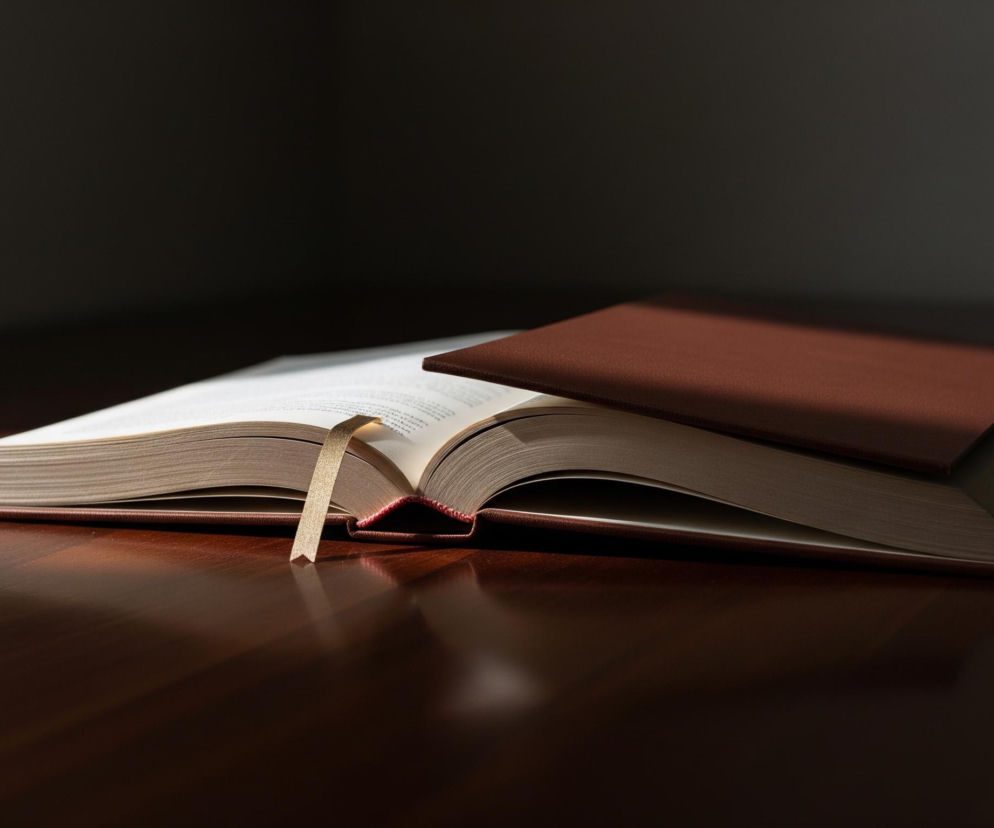 Na ciemnobrązowym, błyszczącym blacie, oświetlonym skośnym pasem światła, leży otwarta książka. Książka ma twardą, brązową okładkę i grube, kremowe strony, z których jedna połowa jest widoczna, a druga częściowo zakryta drugą brązową książką, leżącą na niej. Z otwartej książki wystaje beżowa wstążka, służąca jako zakładka. Tło jest ciemne i niewyraźne, z delikatnym przejściem kolorystycznym.