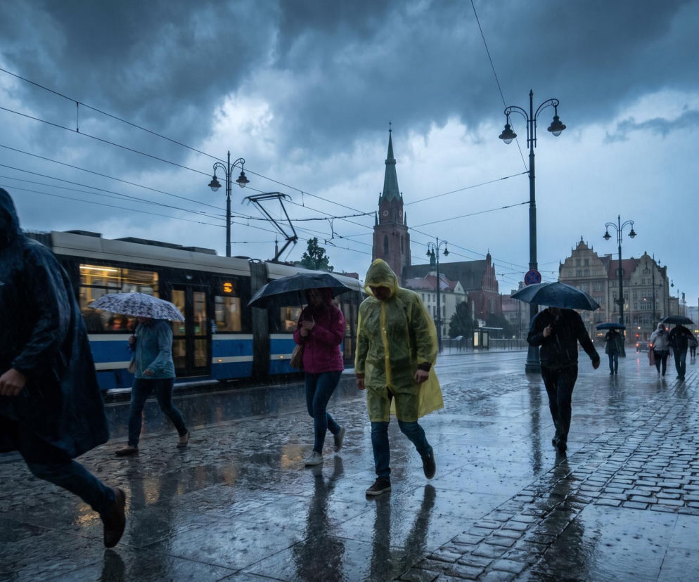 Ludzie w pelerynach i z parasolami idą w deszczu po mokrym bruku. O alertach pogodowych IMGW dowiesz się więcej w Eska.
