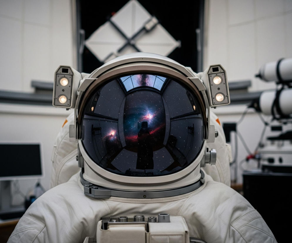 Kombinezon astronauty, głównie w kolorze białym, wypełnia centralną i dolną część kadru. Na głowie widoczny jest hełm z dużym, zakrzywionym wizjerem, w którym odbija się rozgwieżdżone niebo z mgławicami w odcieniach czerwieni, błękitu i fioletu. Po obu stronach hełmu zamocowane są prostokątne moduły z dwoma okrągłymi, świecącymi lampami. W tle po lewej stronie znajduje się ciemny ekran monitora na biurku, natomiast po prawej widoczne są białe cylindryczne elementy jakiegoś urządzenia naukowego, wszystko osadzone w jasnym, futurystycznym wnętrzu pomieszczenia.