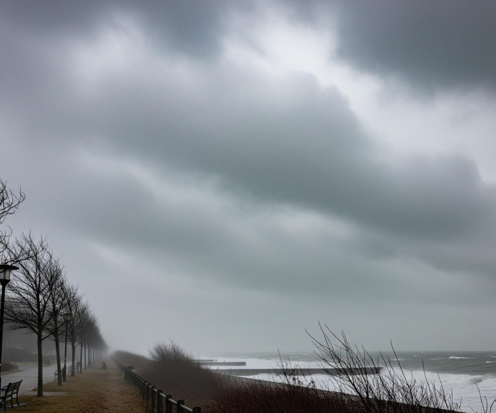 Po lewej stronie kadru widoczny jest rząd bezlistnych drzew i latarni miejskich, ciągnący się wzdłuż ścieżki, która zanika w oddali z powodu mgły lub zamglenia. Poniżej ścieżki znajduje się trawiasty teren i krzewy. Po prawej stronie rozciąga się wzburzone morze z białymi falami, a w oddali majaczą ciemne, proste konstrukcje przypominające falochrony. Cały krajobraz jest zdominowany przez szarości i zielenie, a niebo pokrywają gęste, ciemne chmury.