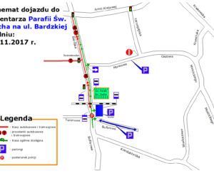 Schemat dojazdu samochodem do Cmentarza Parafii Św. Ducha przy ul. Bardzkiej