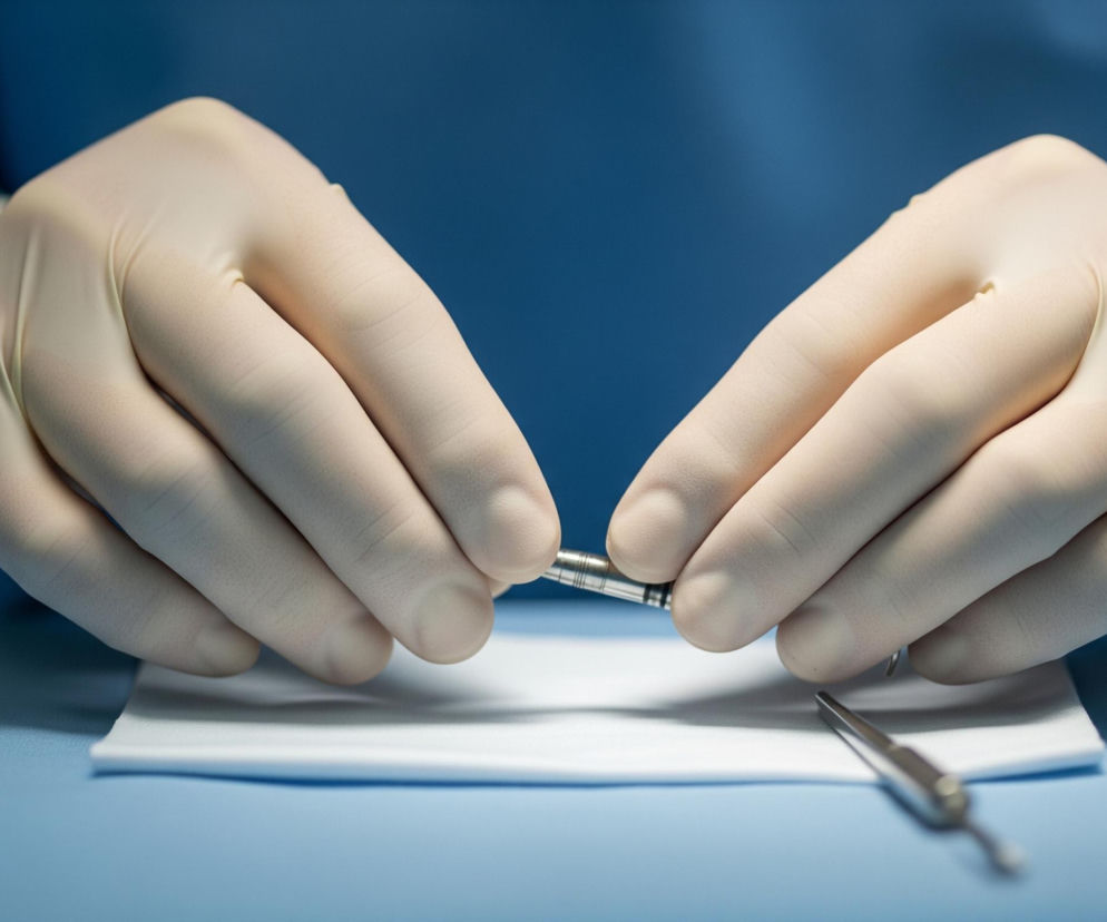 Dwie dłonie w jasnych, kremowych rękawiczkach chirurgicznych skupiają się na małym, metalowym narzędziu. Palce obu dłoni delikatnie trzymają narzędzie, które składa się z dwóch połączonych ze sobą części, tworząc cienki, walcowaty kształt z kilkoma czarnymi pierścieniami. Dłonie znajdują się nad białym, prostokątnym kawałkiem materiału, leżącym na niebieskim stole operacyjnym. W prawym dolnym rogu obrazu, częściowo niewyraźne, widoczne są inne srebrne narzędzia chirurgiczne, w tym nożyczki. Tło jest rozmyte i ma jednolity, niebieski kolor, korespondujący z kolorem stołu.