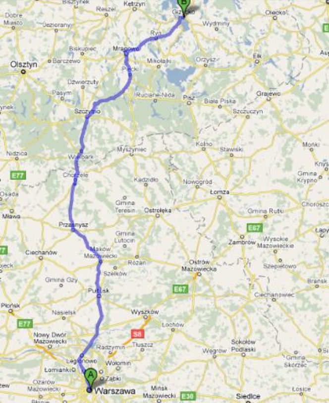 Trasa 57 Warszawa-Giżycko - mapka