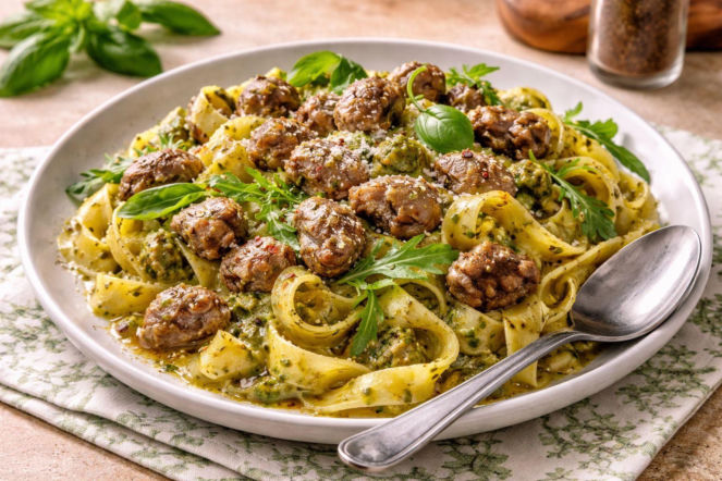 Ten makaron z żołądkami drobiowymi smakuje lepiej, niż myślisz – pesto robi tu całą robotę