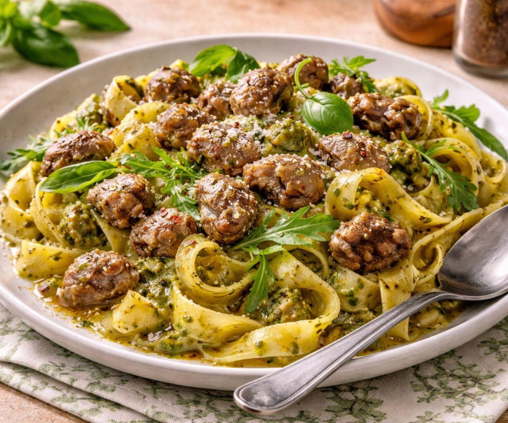 Talerz tagliatelle z pesto i żołądkami