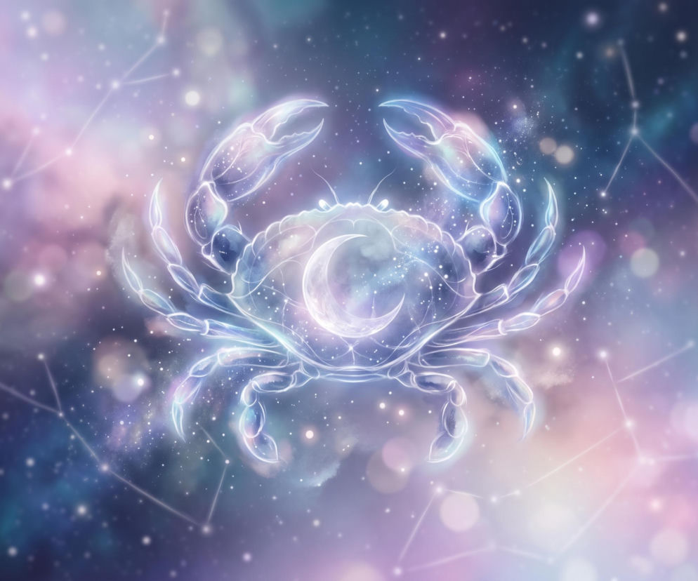 Świecący symbol zodiakalnego Raka na tle gwieździstego nieba. Horoskop dla Raka sprawdzisz w Eska.