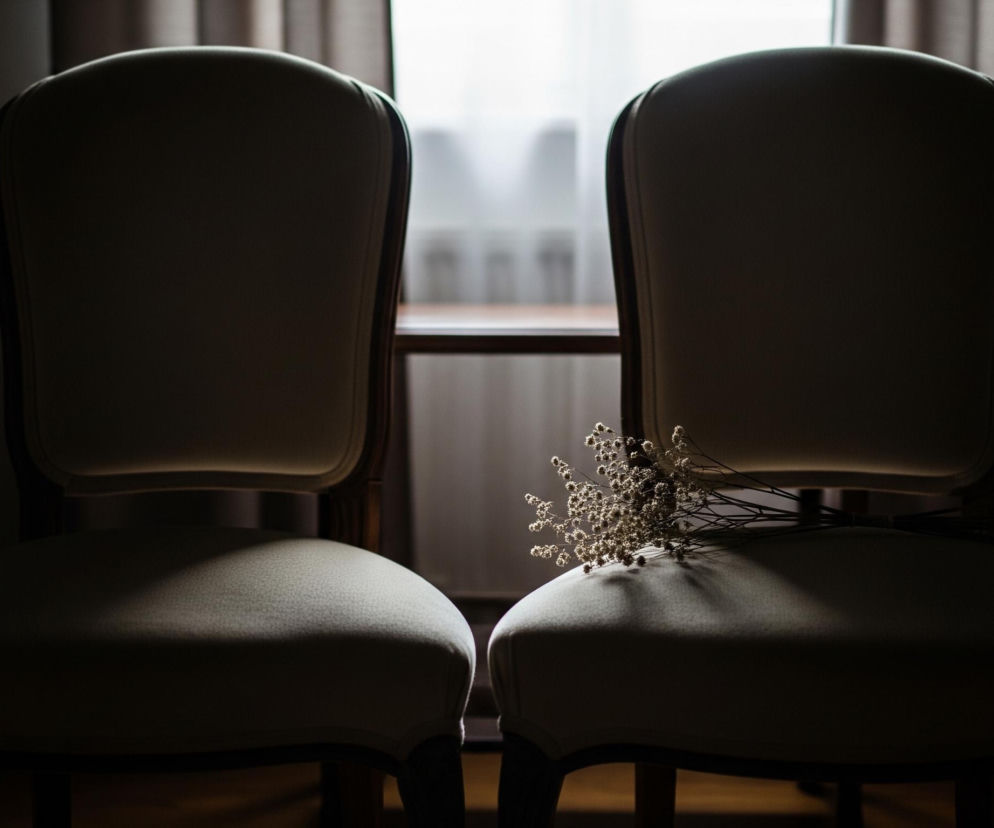 Dwa krzesła z jasną tapicerką dominują na obrazie, ustawione przodem do widza i częściowo w cieniu, co podkreśla ich kontury. Po lewej stronie drugiego krzesła, na siedzeniu, spoczywa bukiet drobnych, suszonych białych kwiatów. W tle widać jasne okno z zasłonami, wpadające światło tworzy poświatę na górnych krawędziach oparć krzeseł. Ciemne elementy w dolnej części zdjęcia to podłoga.